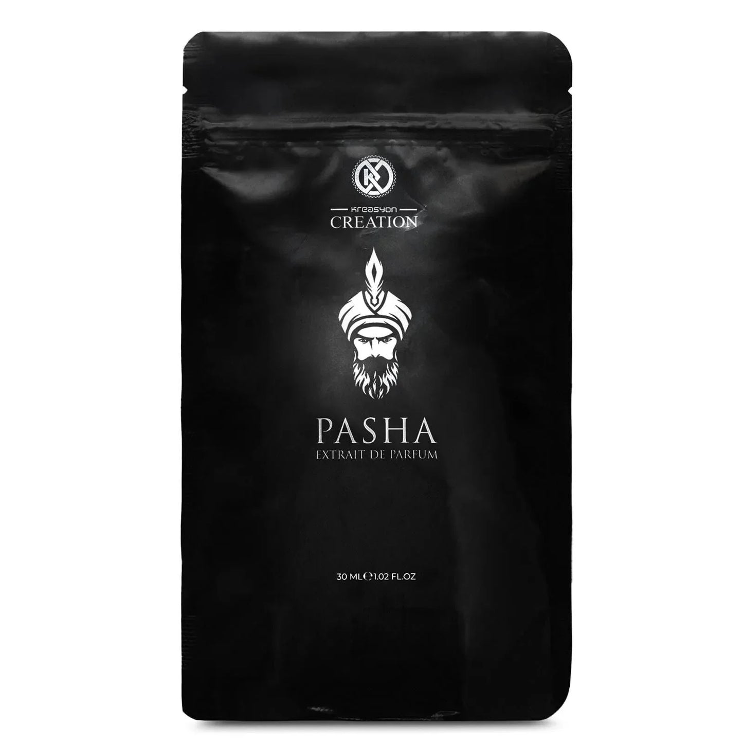 Schwarze Parfümverpackung Pasha Extrait de Parfum 30 ml mit stilisiertem Porträt