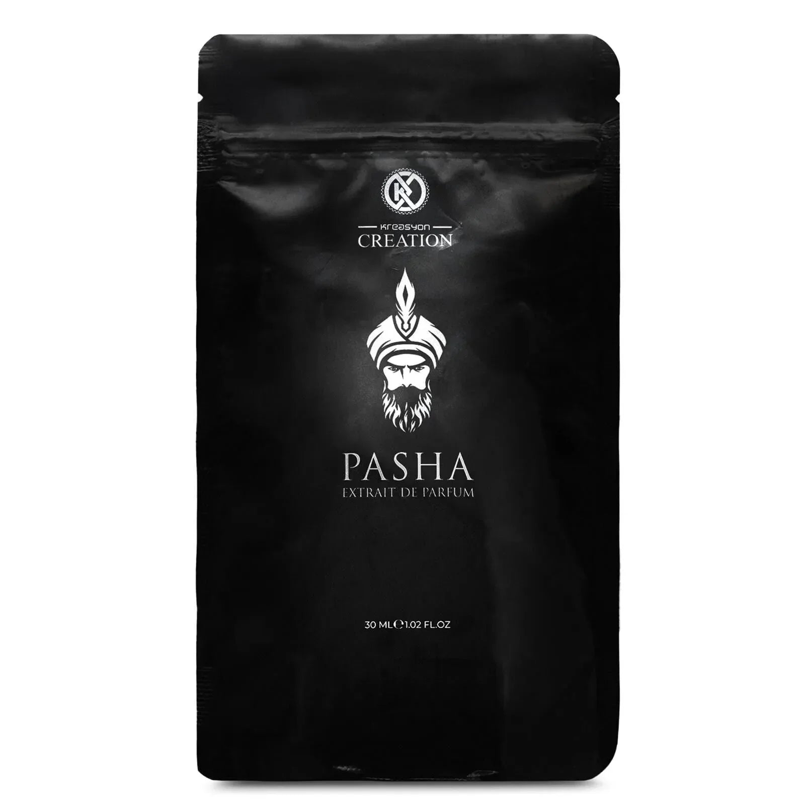 Schwarze Parfümverpackung Pasha Extrait de Parfum 30 ml mit stilisiertem Porträt