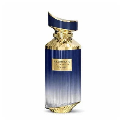 Luxuriöses Parfumflakon in Blau und Gold mit Etikett 'Azzurro 10 Eau de Parfum Volare'.