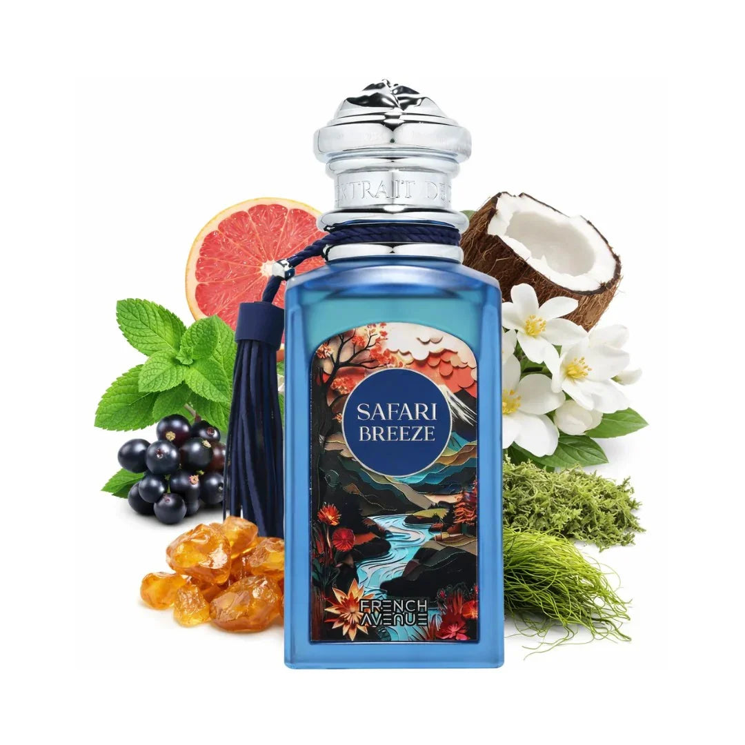 Blauer Parfumflakon Safari Breeze mit Kokosnuss, Grapefruit, Minze, Blüten und Beeren.