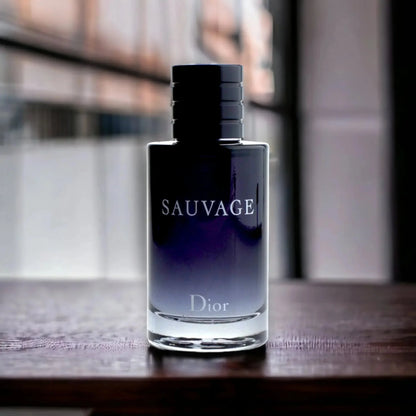 Sauvage Eau de Toilette Flakon für Herren auf Holztisch, luxuriöses Parfum, moderne Kulisse