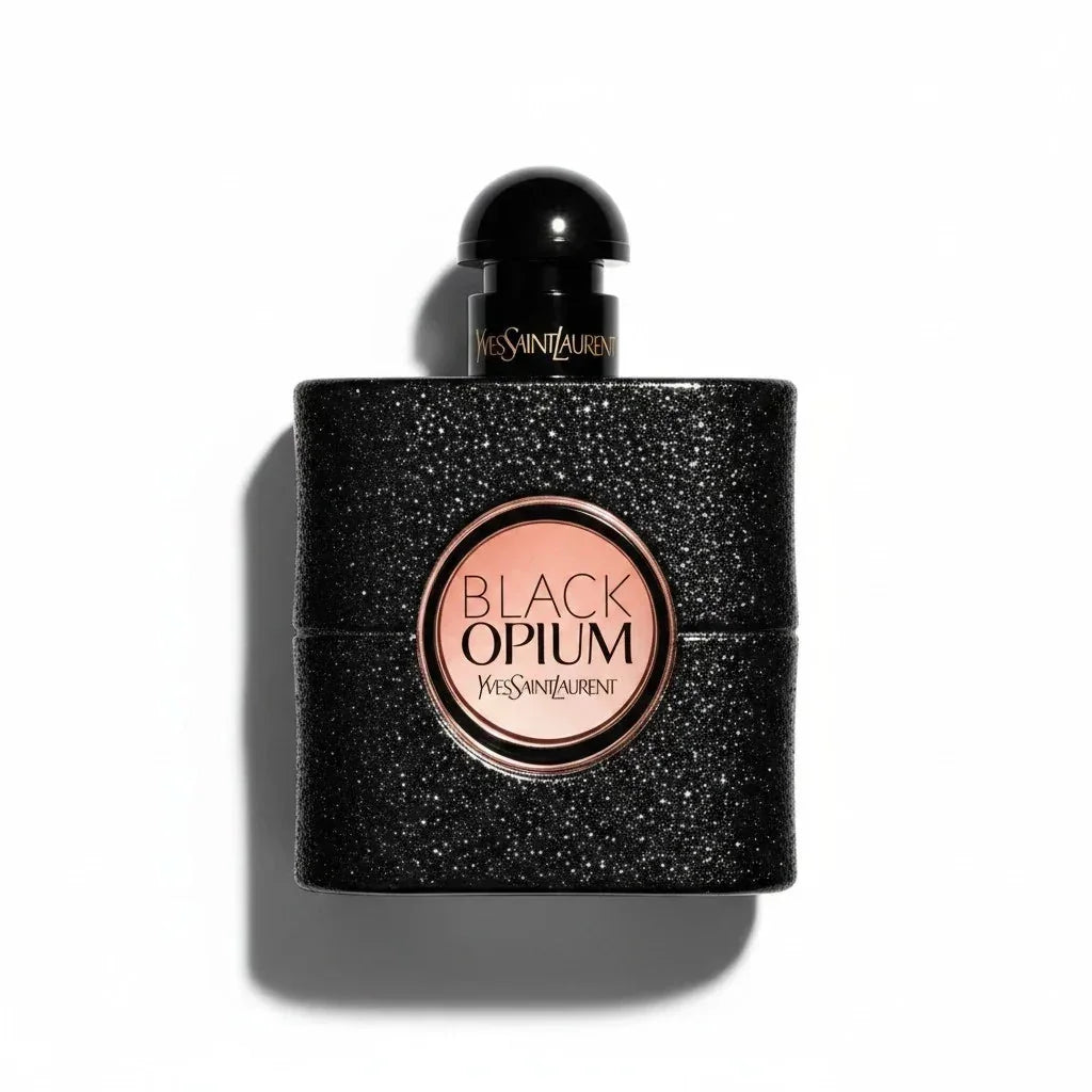 Yves Saint Laurent Black Opium Eau de Parfum Flakon mit schwarzem Glitzerdesign