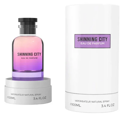 Luxus Eau de Parfum Shinning City 100ml Flakon mit lila Farbverlauf und passender Verpackung