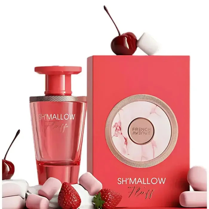 Sh'Mallow Fluff Parfum in rosa Flakon mit passender Verpackung, Kirschen, Marshmallows und Erdbeeren