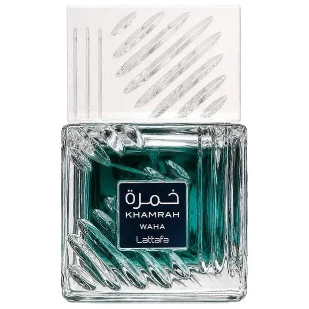 Luxuriöser Khamrah Waha Lataffa Parfumflakon mit geometrischem Design und türkisfarbener Flüssigkeit