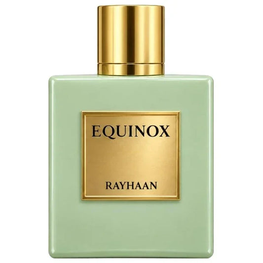 Rayhaan Equinox Eau de Parfum in hellgrünem Flakon mit goldenem Deckel und Label