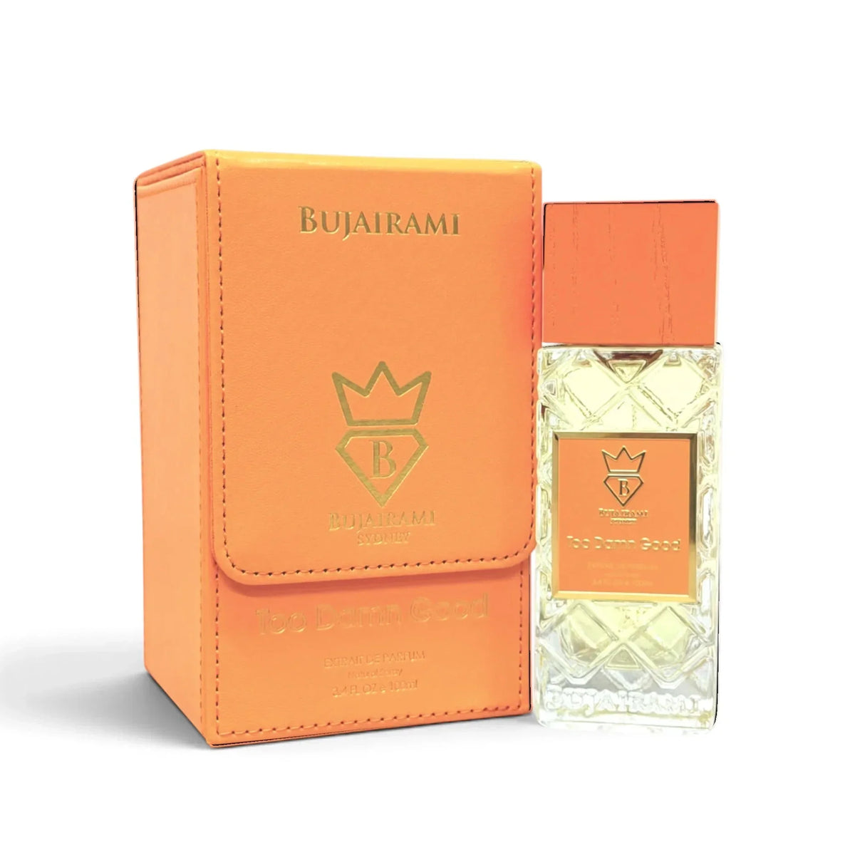 Bujairami Too Damn Good Extrait De Parfum in orange Verpackung und Flakon