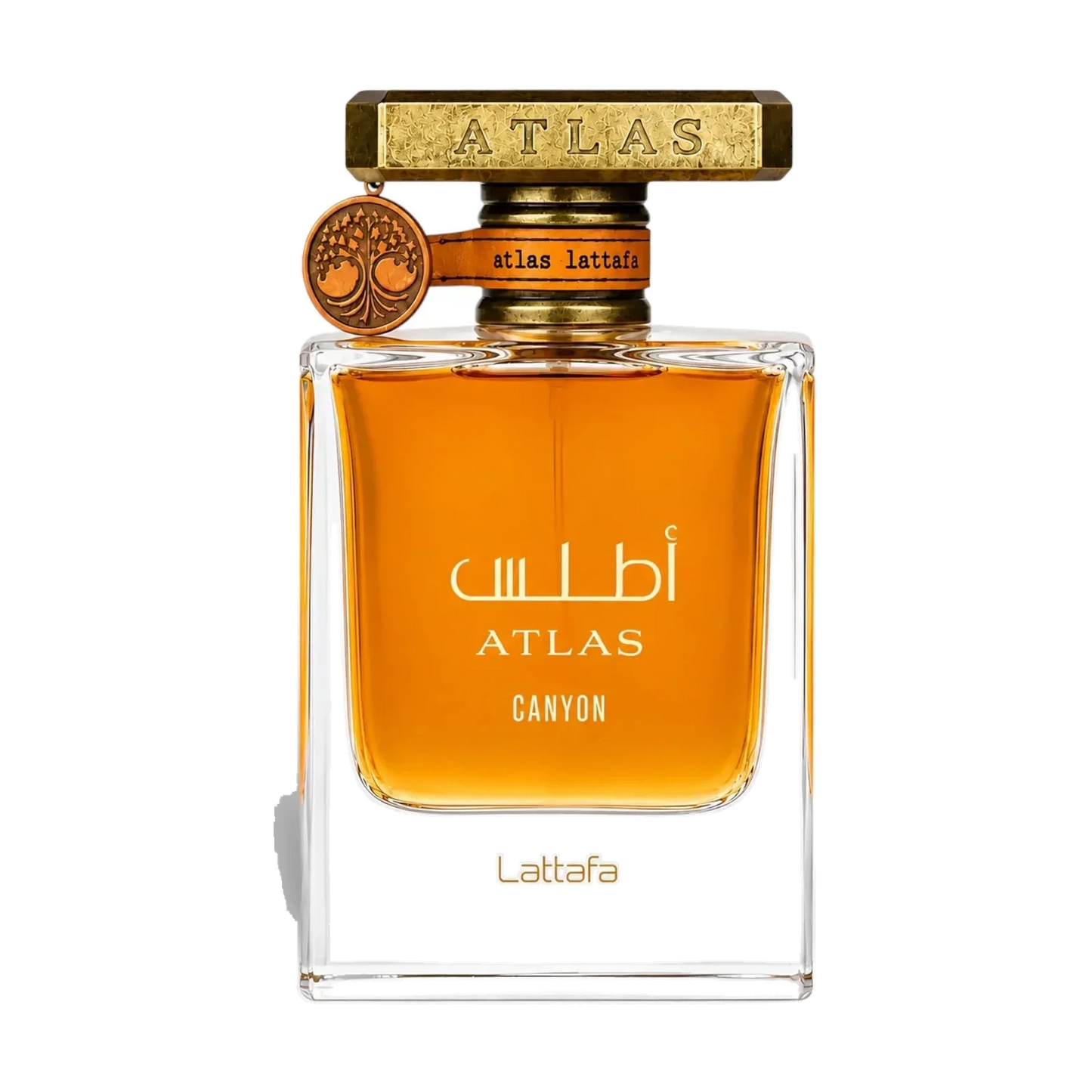 Lattafa Atlas Canyon Luxusparfum Flakon mit goldenem Verschluss auf schwarzem Hintergrund