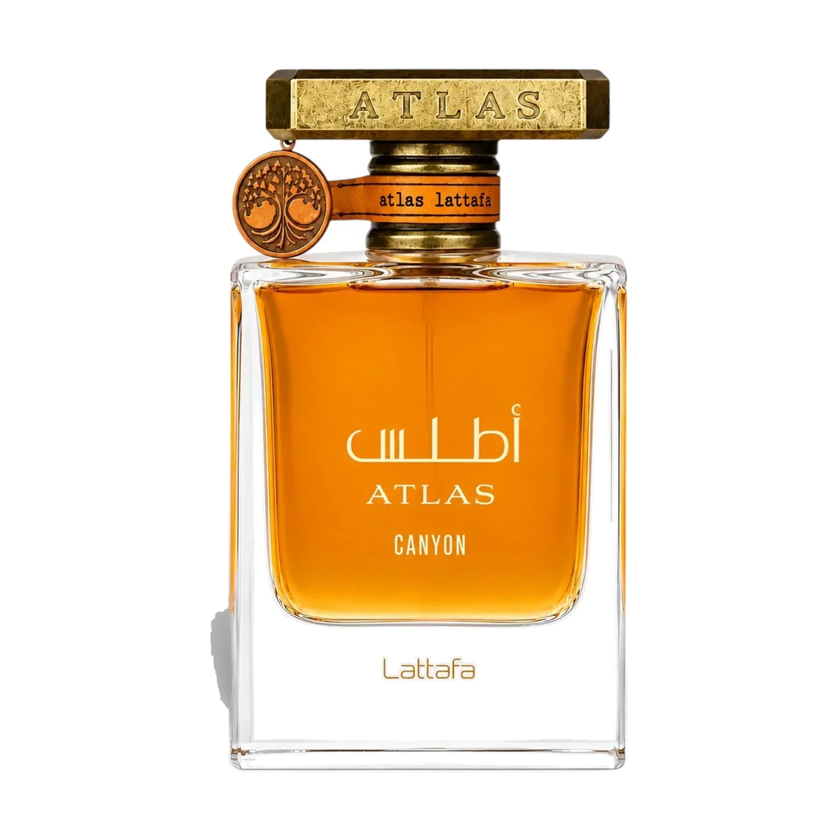 Lattafa Atlas Canyon Luxusparfum Flakon mit goldenem Verschluss auf schwarzem Hintergrund