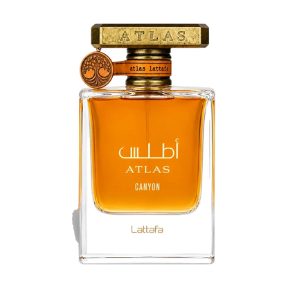 Lattafa Atlas Canyon Luxusparfum Flakon mit goldenem Verschluss auf schwarzem Hintergrund
