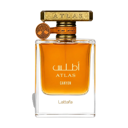 Lattafa Atlas Canyon Luxusparfum Flakon mit goldenem Verschluss auf schwarzem Hintergrund