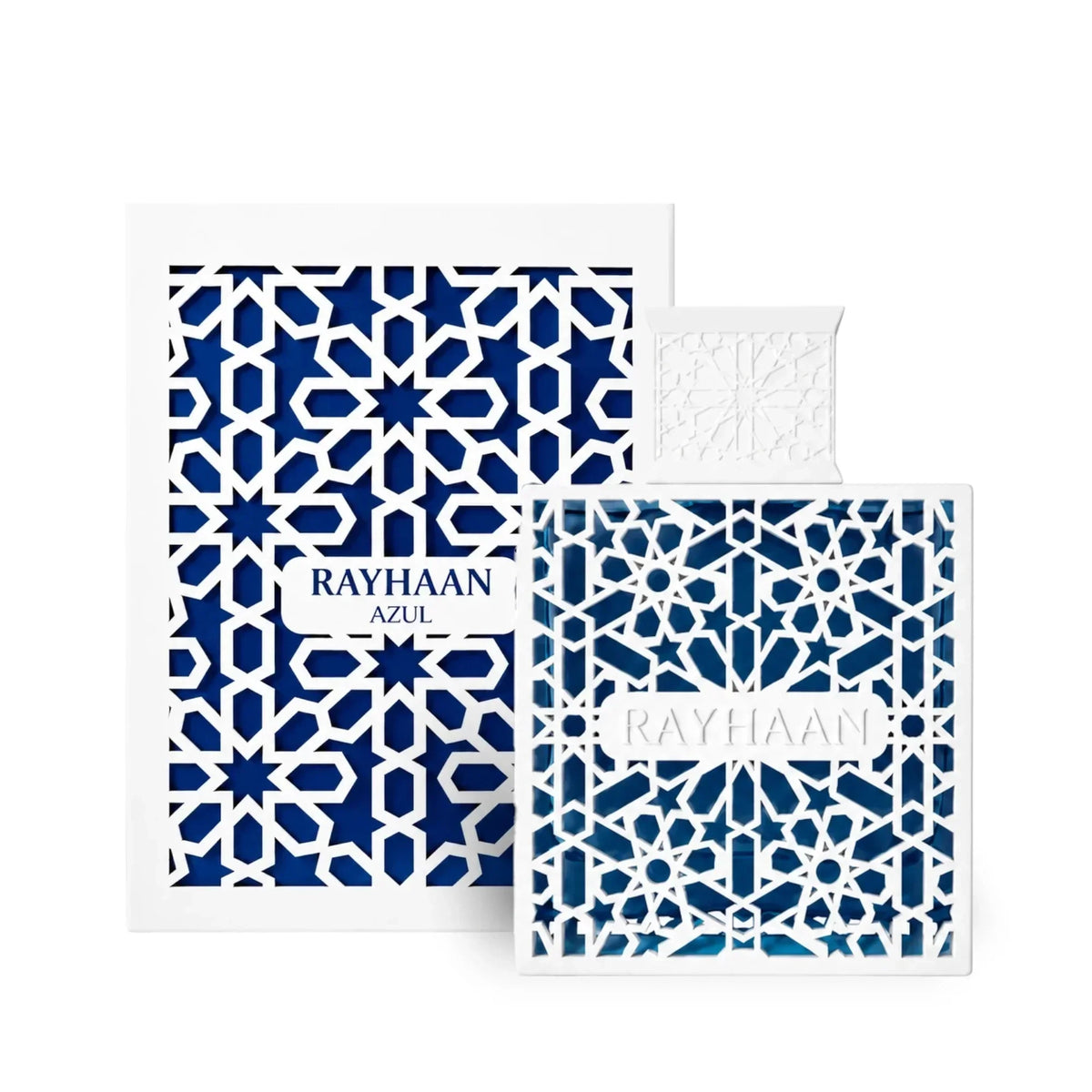 Elegantes Luxusparfum Rayhaan Azul mit blau-weißem geometrischem Design für Damen und Herren