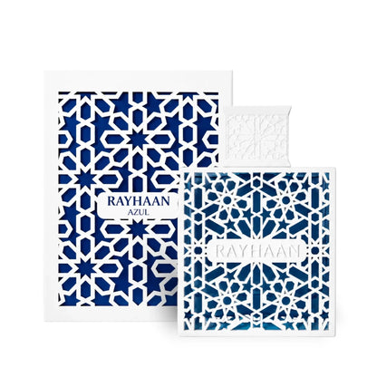 Elegantes Luxusparfum Rayhaan Azul mit blau-weißem geometrischem Design für Damen und Herren