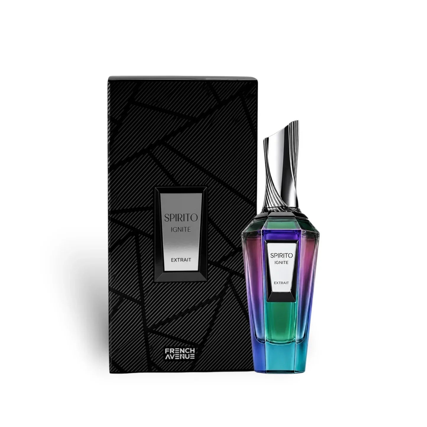 Spirito Ignite Extrait Parfümflakon mit irisierendem Glas und schwarzer Verpackung, Luxusduft für Damen & Herren