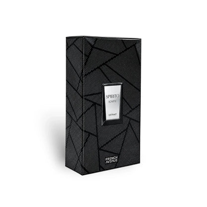 Spirito Ignite Extrait Parfüm von French Avenue in schwarzem Luxusverpackung mit geometrischem Muster
