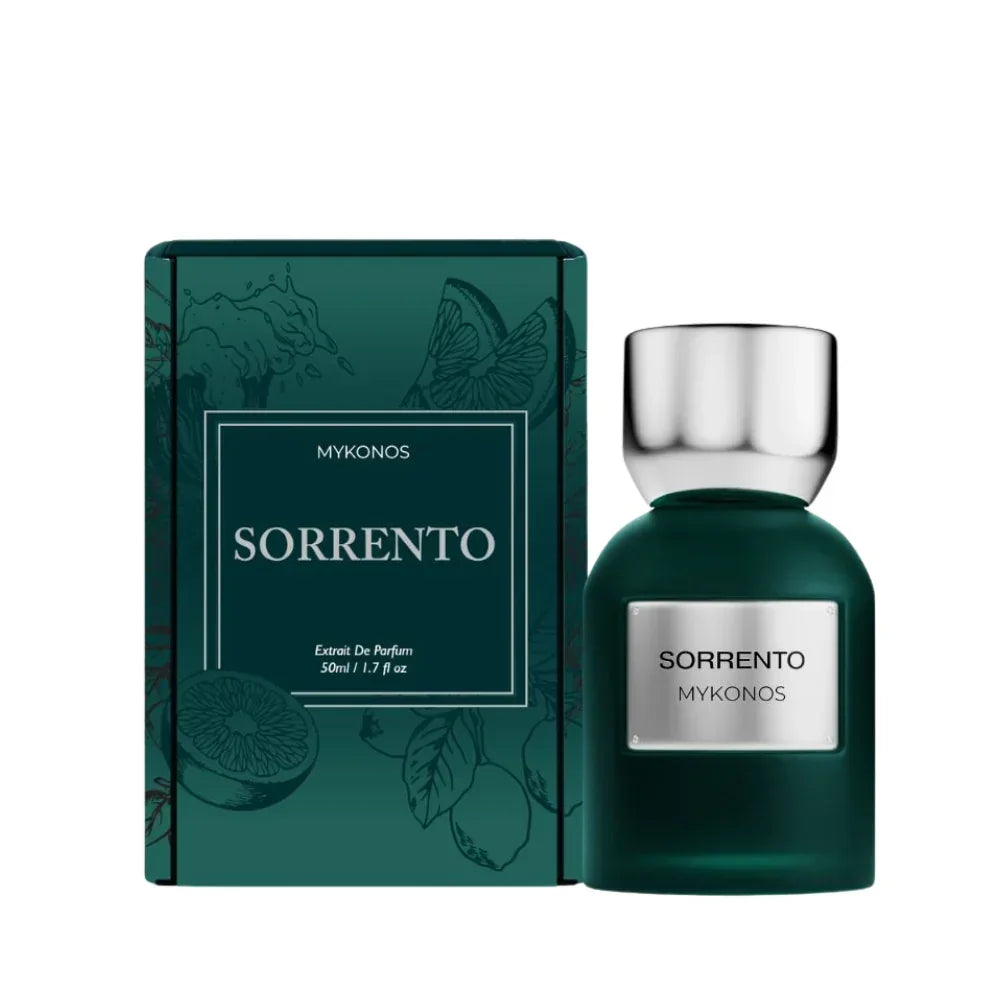 Mykonos Sorrento Extrait de Parfum Flakon und dunkelgrüne Verpackung mit Zitronen-Motiven