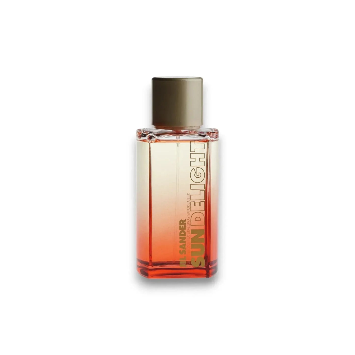 Parfumflakon mit Farbverlauf von orange zu transparent, Aufschrift Sun Delight, luxuriöses Eau de Toilette