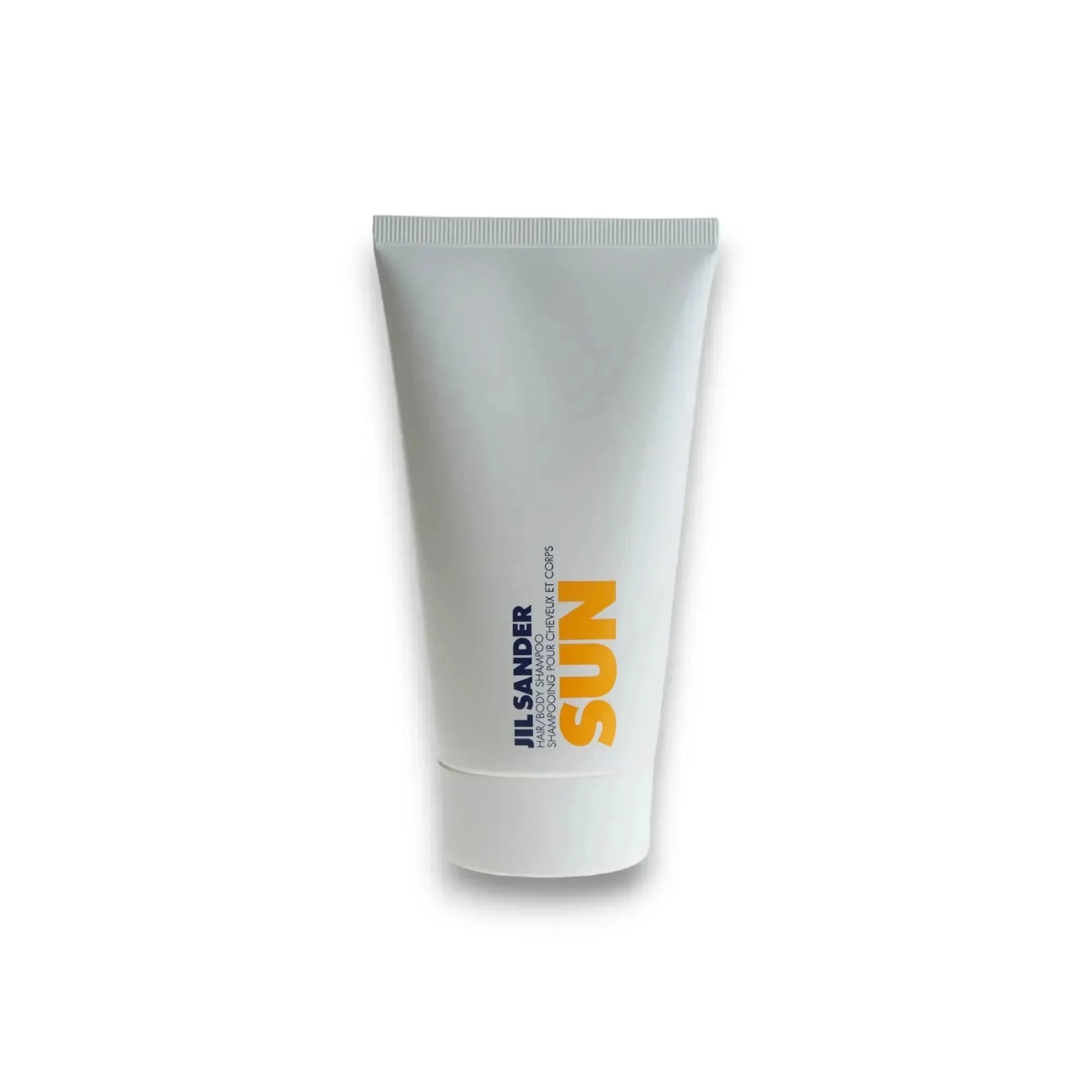 Weiße Tube Jil Sander Sun Hair & Body Shampoo Sonderedition vor weißem Hintergrund