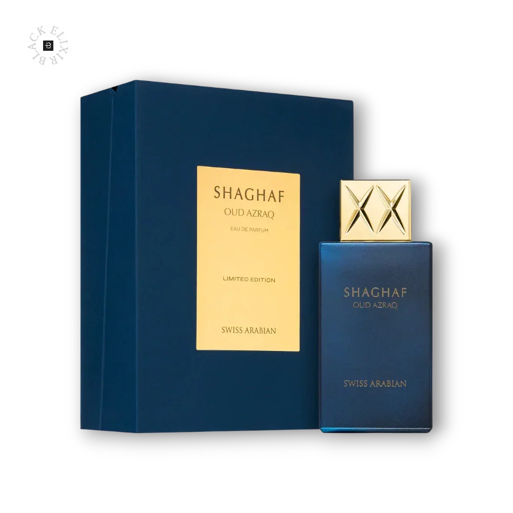 Blauer Flakon Shaghaf Oud Azraq Eau de Parfum mit goldener Verzierung, luxuriöse Parfumverpackung