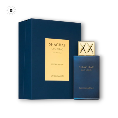 Blauer Flakon Shaghaf Oud Azraq Eau de Parfum mit goldener Verzierung, luxuriöse Parfumverpackung