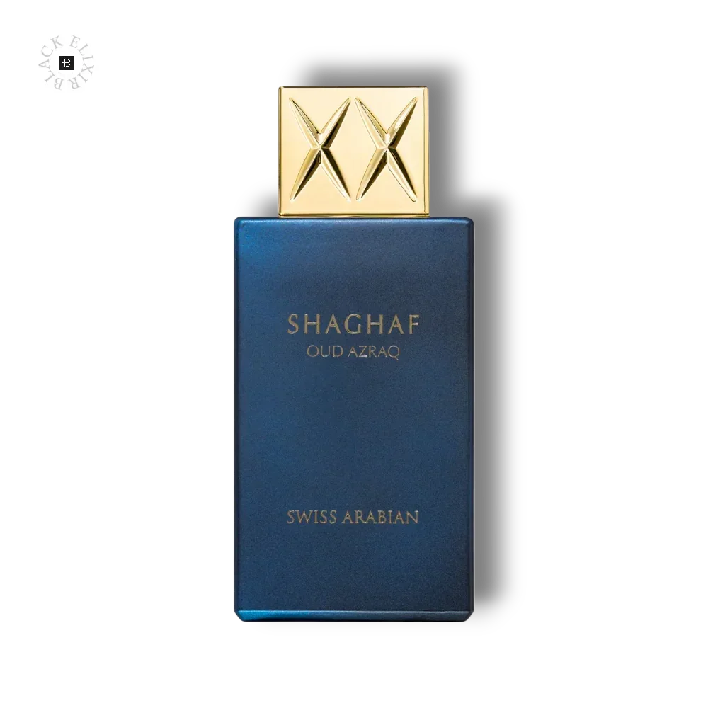 Eleganter, blauer Parfümflakon mit goldener Verschlusskappe, Aufschrift Shaghaf Oud Azraq.