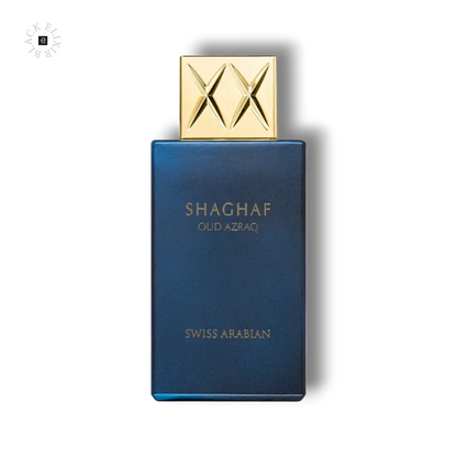 Eleganter, blauer Parfümflakon mit goldener Verschlusskappe, Aufschrift Shaghaf Oud Azraq.
