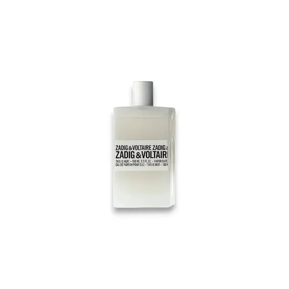 Weißer Parfumflakon mit schwarzer Aufschrift, minimalistisches Design, Damenparfum.