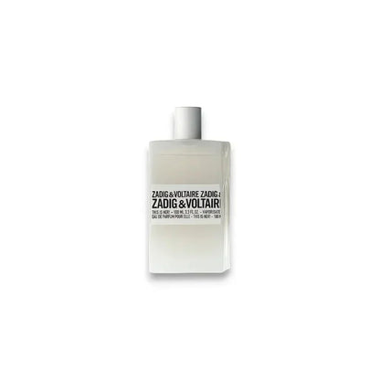 Weißer Parfumflakon mit schwarzer Aufschrift, minimalistisches Design, Damenparfum.
