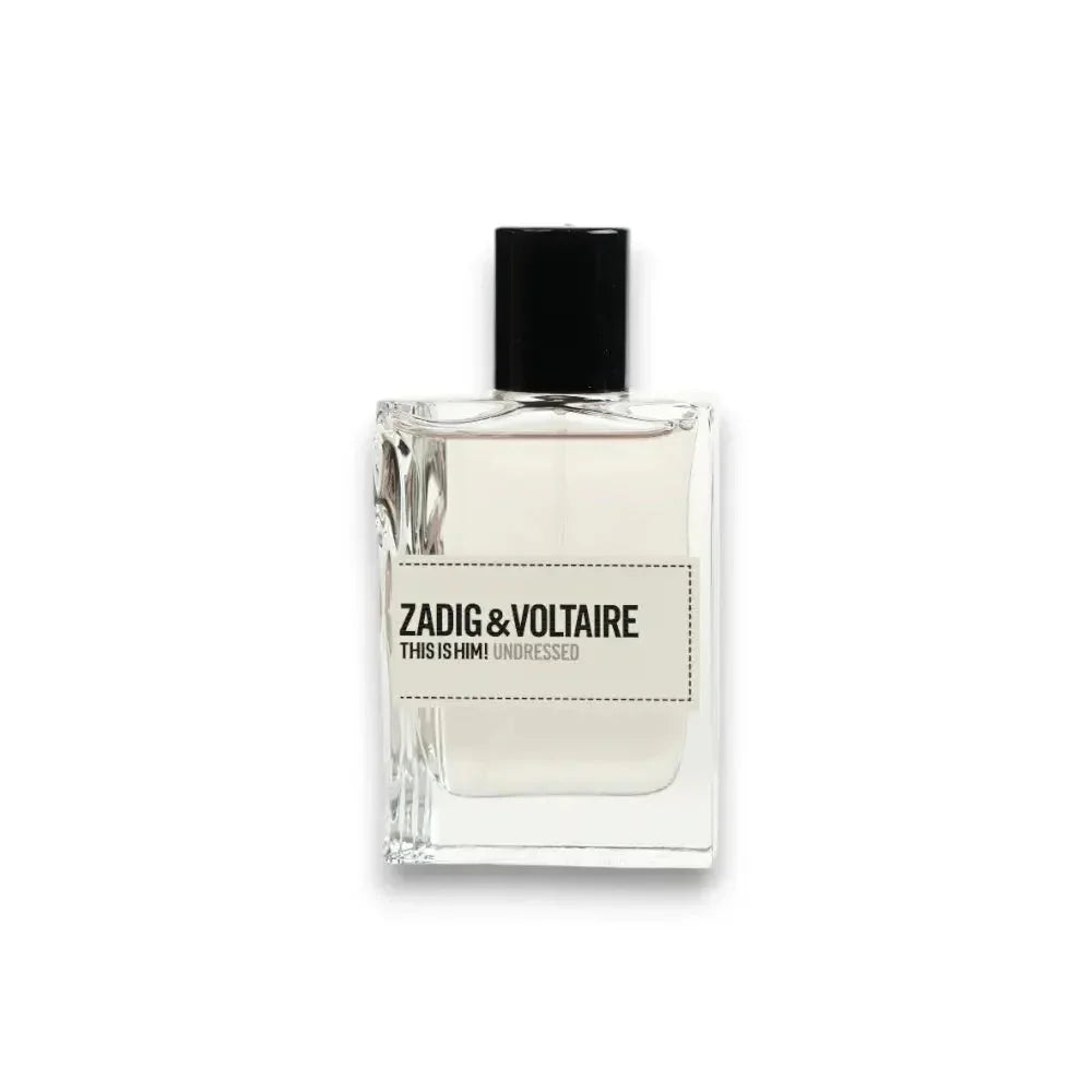 Transparenter Eau de Toilette Flakon mit schwarzem Deckel und Aufschrift Zadig & Voltaire This is Him Undressed