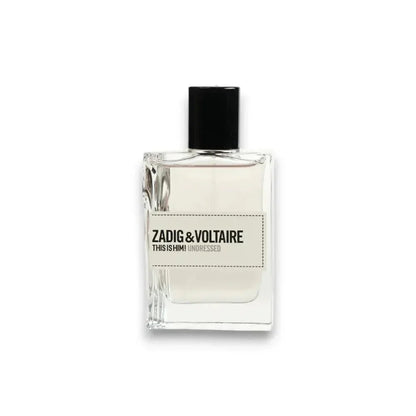 Transparenter Eau de Toilette Flakon mit schwarzem Deckel und Aufschrift Zadig & Voltaire This is Him Undressed