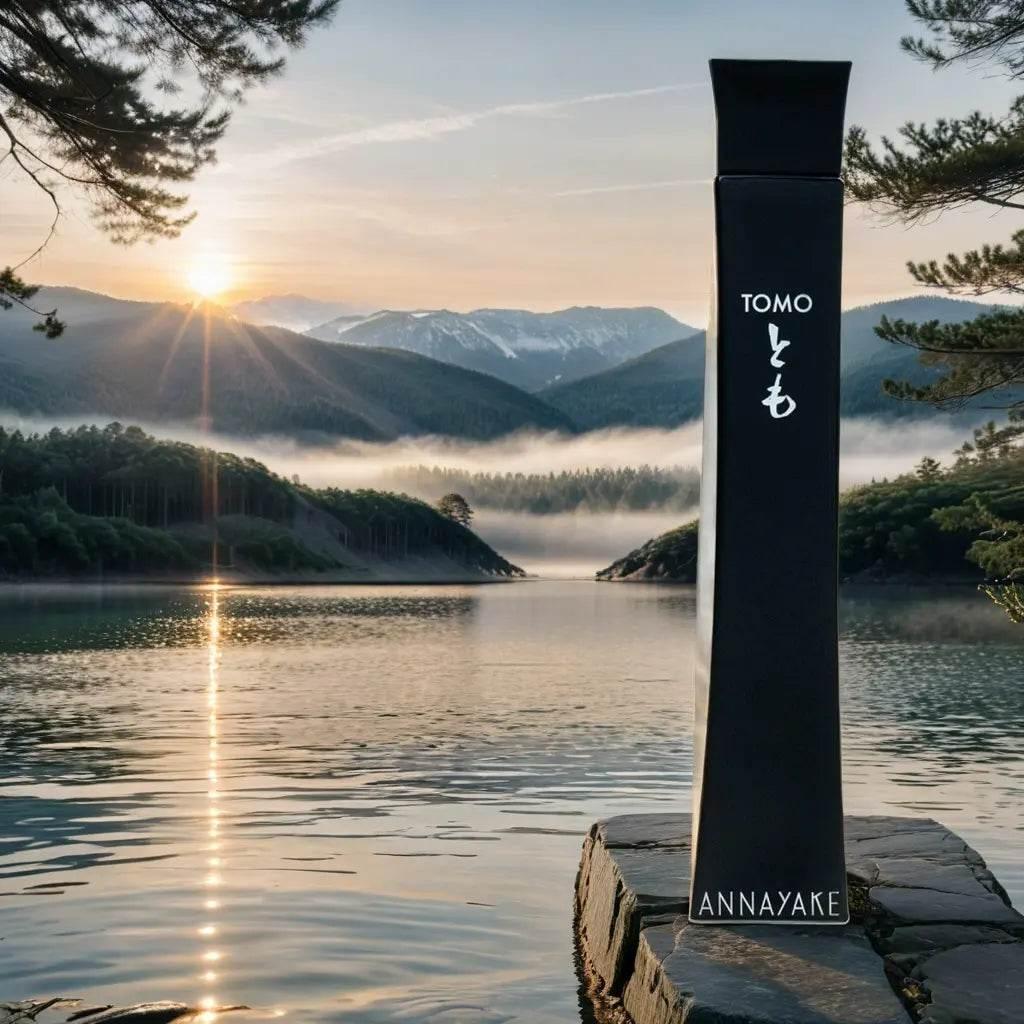 Annayake Tomo Eau de Toilette Flakon vor natürlicher See- und Bergkulisse bei Sonnenaufgang