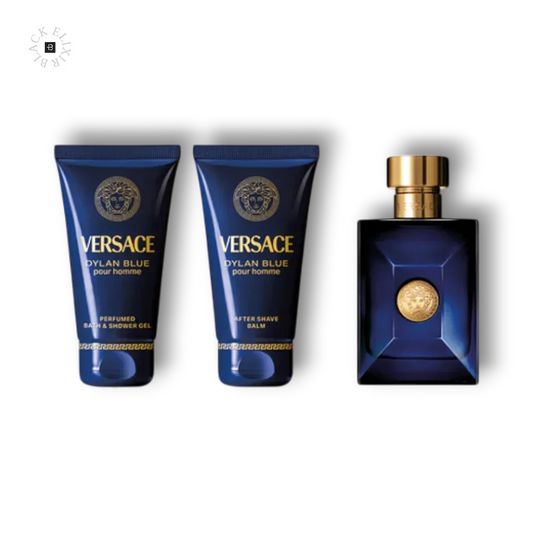 Versace Dylan Blue Pour Homme Set mit Eau de Toilette, Duschgel und After Shave, blau-goldenes Design