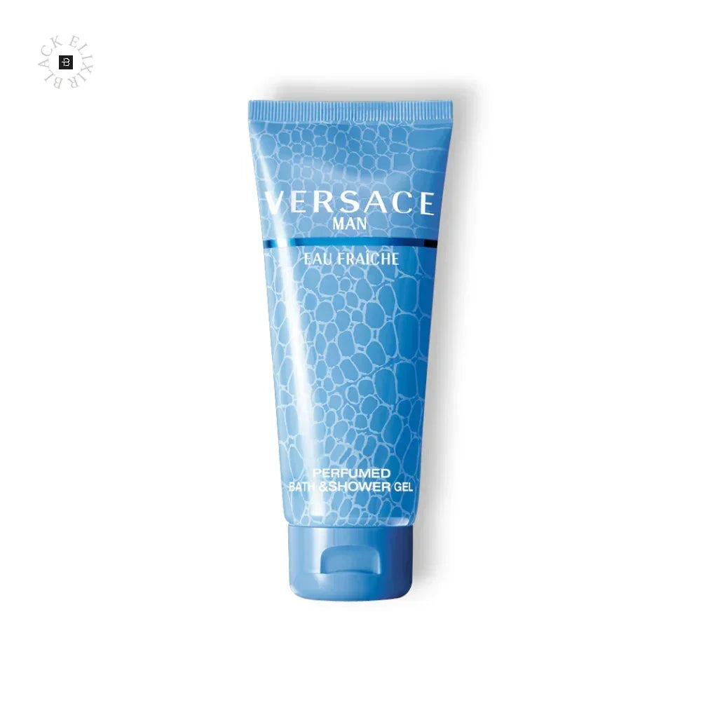 Blaue Tube Versace Man Eau Fraiche Duschgel mit Wabenmuster auf weißem Hintergrund.