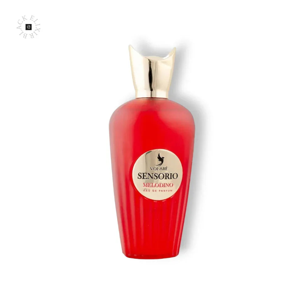 Roter Parfumflakon von Volere Sensorio Melodino Eau de Parfum mit goldfarbenem Verschluss.
