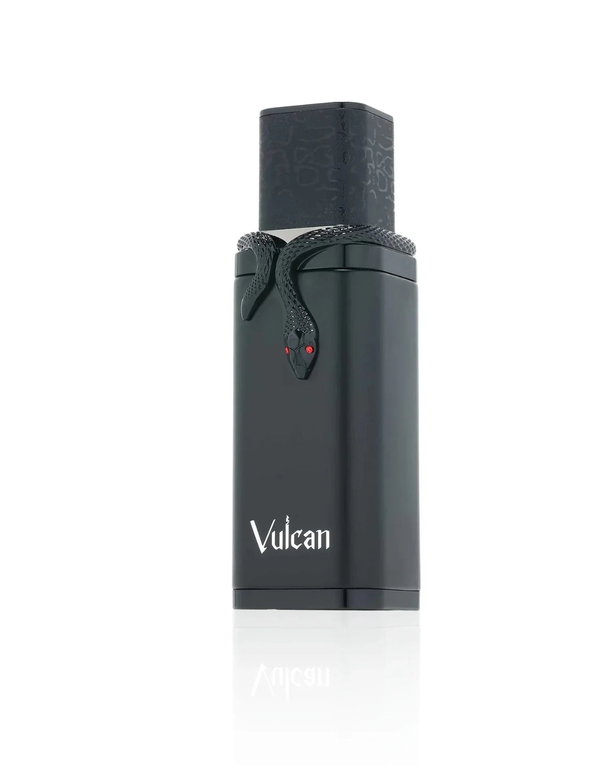 Schwarzer Luxusparfum-Flakon Vulcan mit Schlangendekor vor weißem Hintergrund