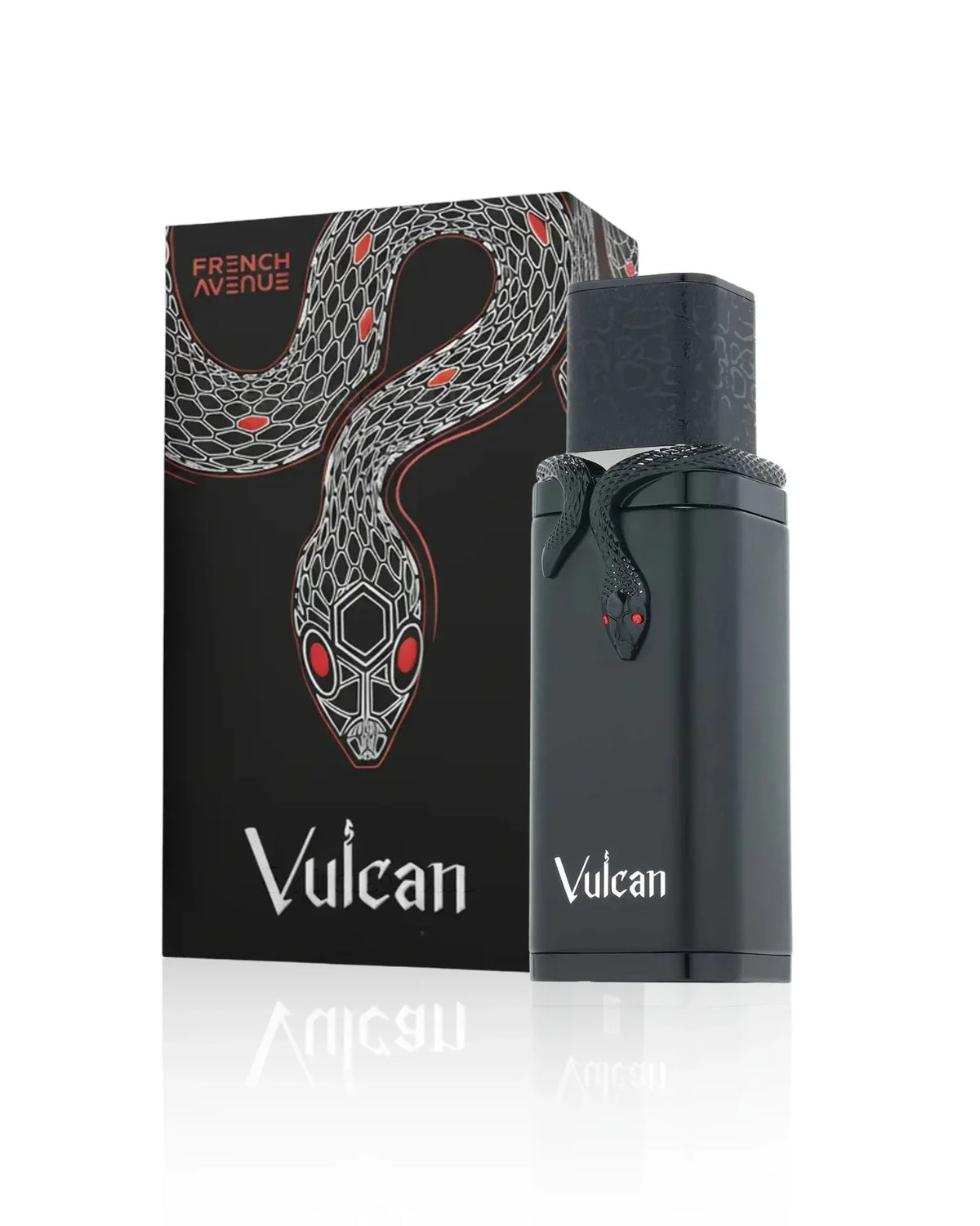 Schwarzer Parfümflakon Vulcan mit Schlangendekor neben passender Verpackung auf weißem Hintergrund
