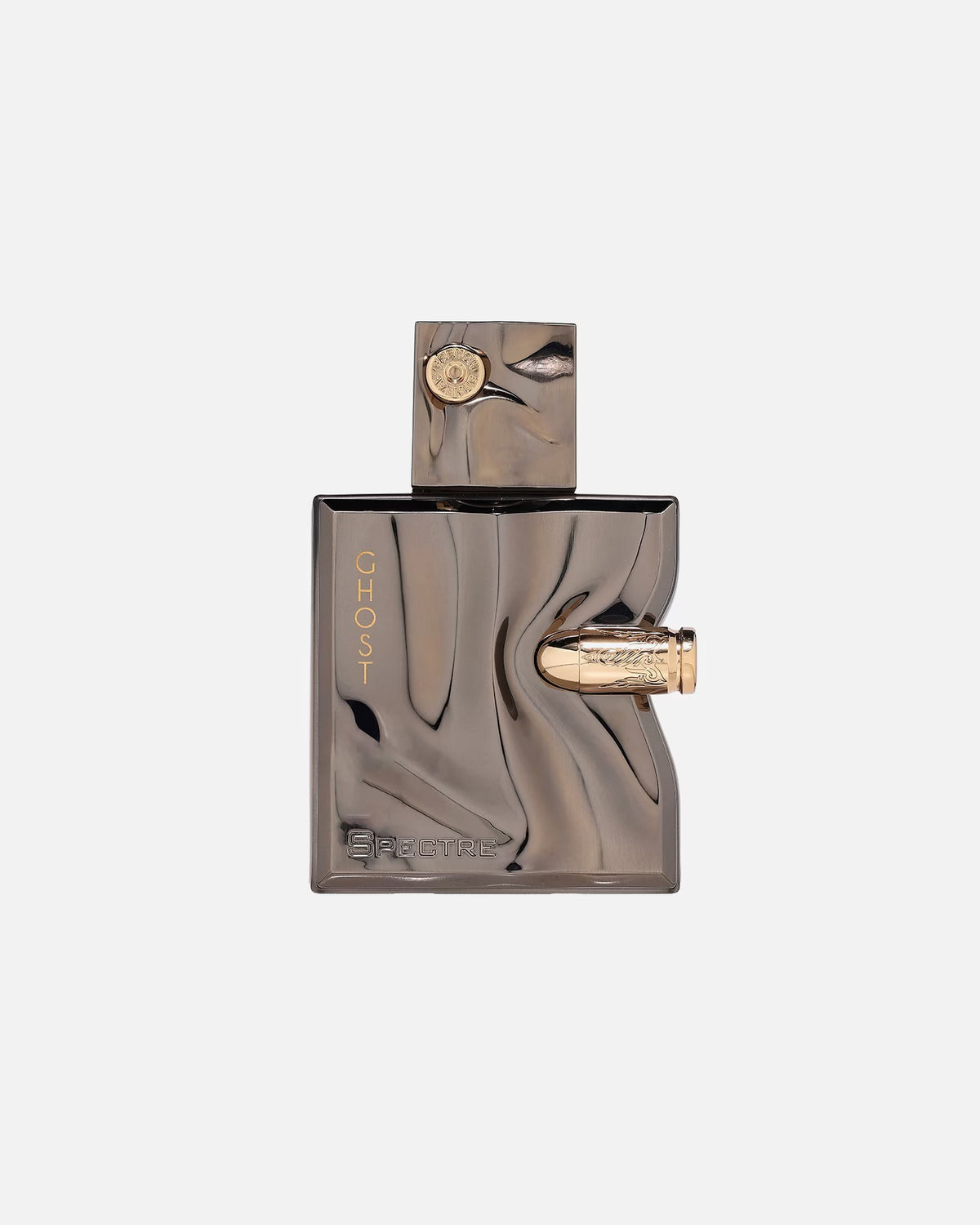 Luxusparfumflakon in elegantem, metallisch glänzendem Design mit goldenen Akzenten und Gravuren
