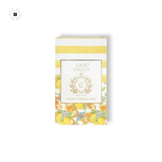 Luxuriöse Seife mit gelben und weißen Streifen, florale Verpackung, Casa Amalfi