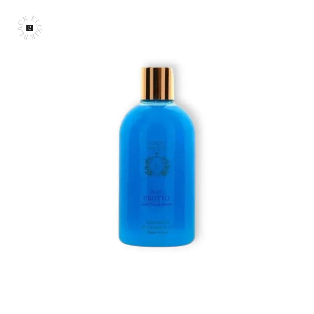 Luxuriöses Parfum in blauer Flasche mit goldenem Deckel auf weißem Hintergrund
