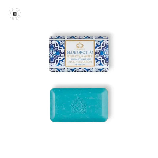 Luxusseife Blue Grotto in türkis mit dekorativer Verpackung, handgemacht, Sheabutter, Jojobaöl