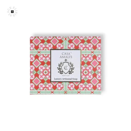 Luxus Seife in bunter Geschenkverpackung mit floralen Mustern, Produktfoto auf Weiß