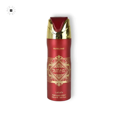 Rotes Parfümspray Lattafa Badee Al Oud Sublime mit goldenen Ornamenten, 200 ml