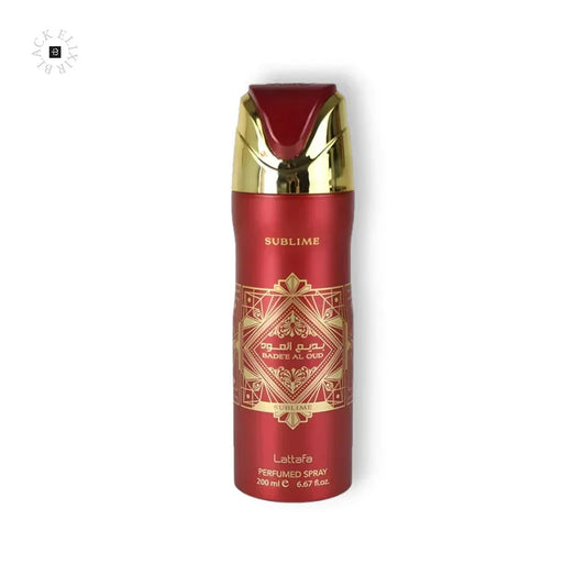 Rotes Parfümspray Lattafa Badee Al Oud Sublime mit goldenen Ornamenten, 200 ml