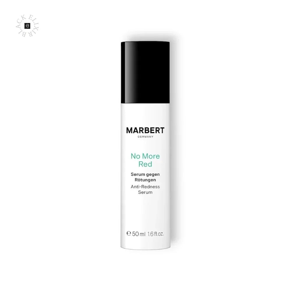 Weiße Flasche des Marbert No More Red Serums gegen Rötungen mit schwarzem Verschluss.