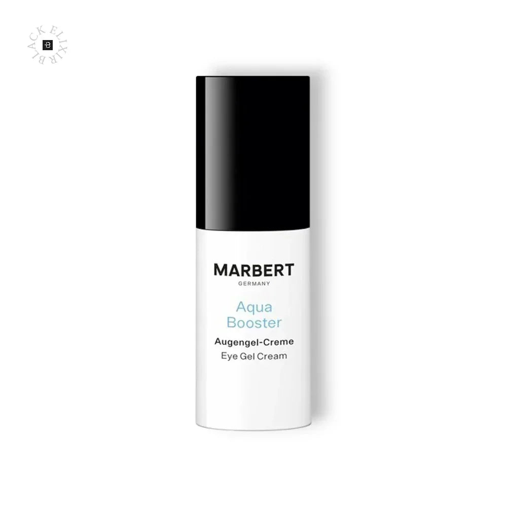 Weiße Flasche der Marbert Aqua Booster Augengel-Creme mit schwarzem Verschluss.