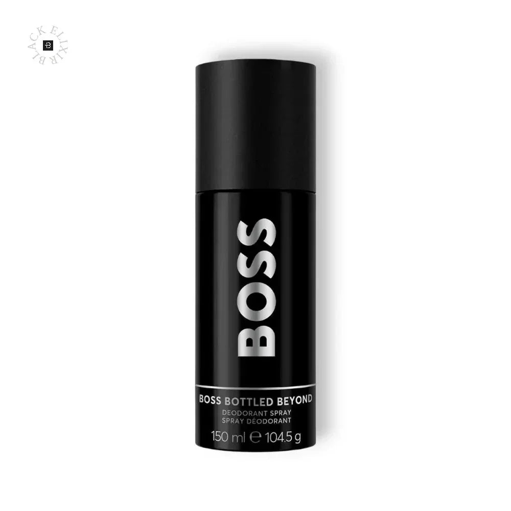 Schwarzes Deospray Boss Bottled Beyond, 150 ml, luxuriöse Herrenpflege, weißer Hintergrund