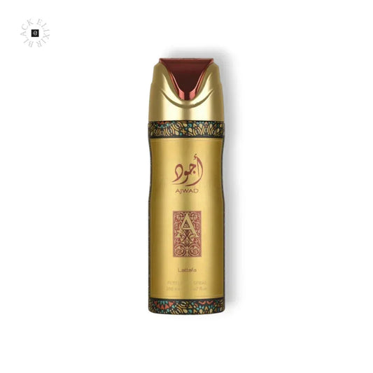 Goldenes Parfum-Spray Ajwad Lattafa mit orientalischem Muster auf weißem Hintergrund