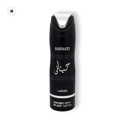 Schwarzes Hayaati Lattfa Parfum Deo-Spray 200ml vor weißem Hintergrund