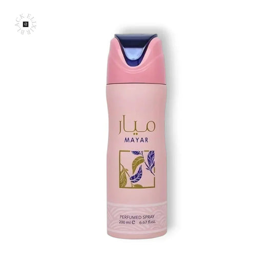 Rosa 200ml Mayar Parfümspray mit lila und grünen Blättermotiven auf weißem Hintergrund
