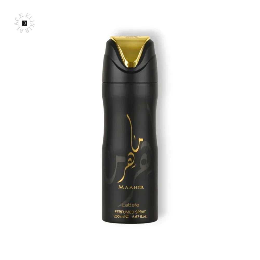 Schwarzer Deospray Flakon mit goldener Aufschrift, 200 ml, Produktfoto vor weißem Hintergrund